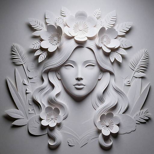 Digital art of a serene, monochromatic, paper-cut style woman with flowing hair, wearing a floral crown, surrounded by intricate leaves and flowers.