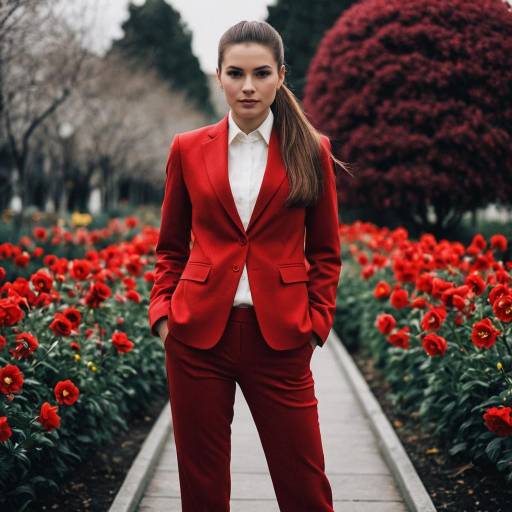 Woman in Red Suit Standing Among Red Flowers