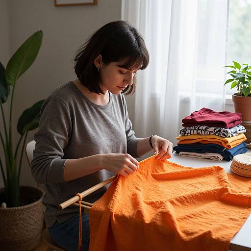 Photograph of a young woman with short black hair, wearing a gray sweater, sewing an orange fabric using a wooden hoop, in a bright, sun