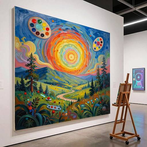 Vibrant oil painting of a swirling sunset over a forest landscape, displayed on a white gallery wall with an easel nearby.