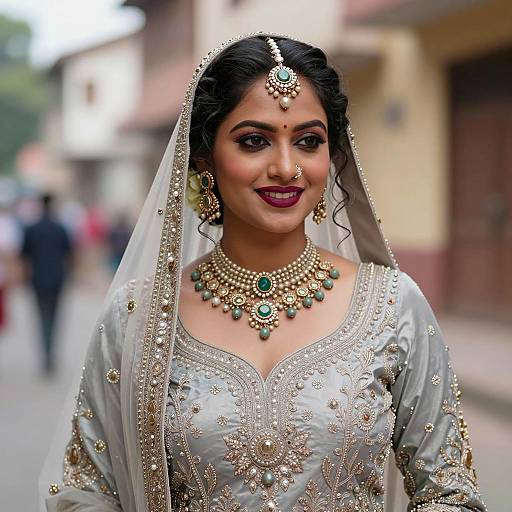 Indian Bride in Silver Embroidered Wedding Dress