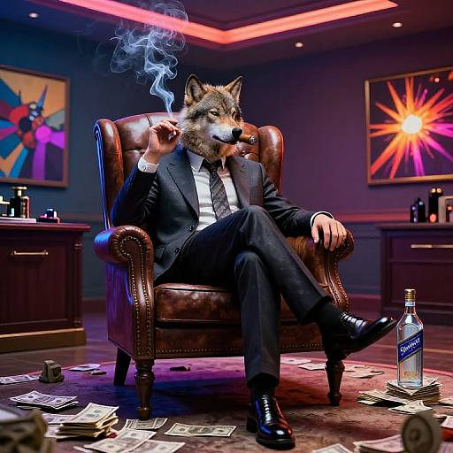 Wolf-headed Man Smoking Cigar in Luxurious Office