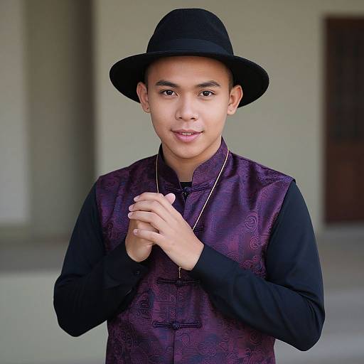 Photograph of a young Asian man with light skin, black hat, purple and black patterned Chinese vest, and long sleeves, clasping hands,
