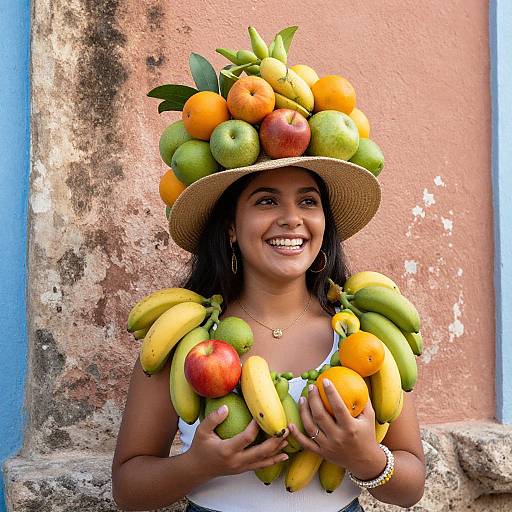 Photograph of a smiling Latina woman wearing a hat and necklace made of colorful fruits, standing against a weathered pink and blue wall.