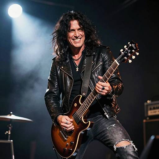 Rock musician with long, curly black hair and leather jacket, playing a sunburst electric guitar on stage, under bright spotlight.