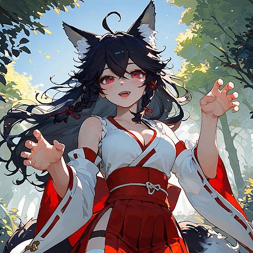 Sunlit Fox Miko on Forest Path
