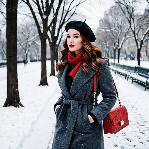 Stylish Woman in Winter Park with Red Accessories