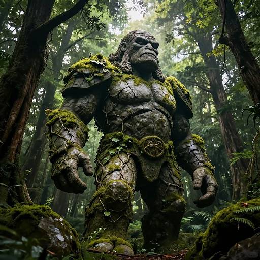 Photorealistic CGI of a moss-covered, armored, stone-like creature standing in a dense, sunlit forest, with tall trees and lush greenery