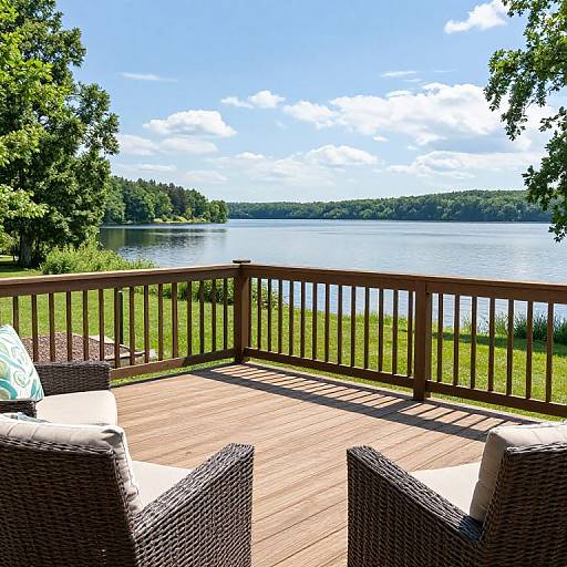 Photograph of a sunny lakeside deck with wicker chairs, white pillows, wooden railing, lush green trees, and calm water.