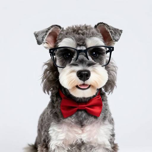 Photograph of a small, grey and white, fluffy dog with black-rimmed glasses and a red bowtie, looking directly at the camera.