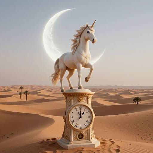 Photograph of a white unicorn statue on a clock pedestal in a desert, under a crescent moon in a clear sky.