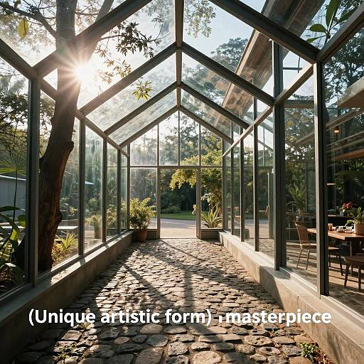 Photograph of a sunlit glass conservatory with a cobblestone floor, potted plants, and a wooden table and chairs. Sunlight streams