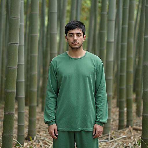 Photograph of an Asian man with short black hair, wearing a green long-sleeve shirt and matching pants, standing in a bamboo forest.