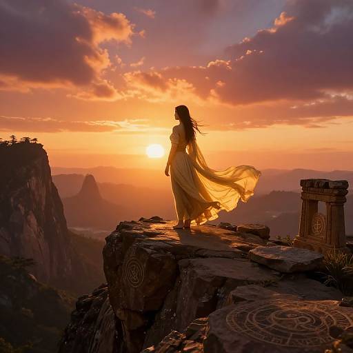 Silhouetted woman in flowing dress stands on rocky cliff at sunset, orange sky, mountains, and ancient stone carvings in background.