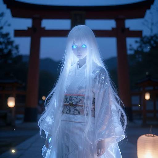 Photograph of a glowing blue-eyed, translucent figure in a white kimono, standing in front of a torii gate at night.