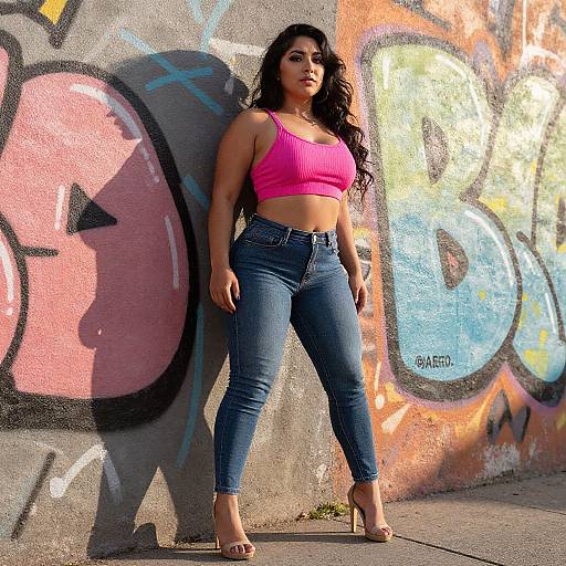 Photograph of a curvy woman with long black hair, wearing a bright pink crop top and blue jeans, standing against colorful graffiti on a concrete wall