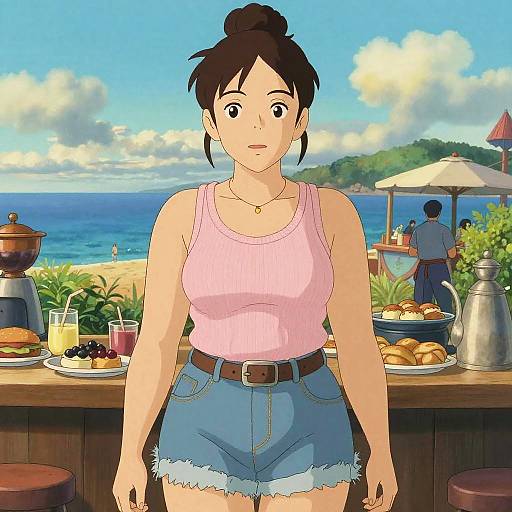 Anime-style digital drawing of a surprised woman in a pink tank top and blue denim shorts, standing at a beachside café with a ocean view and breakfast