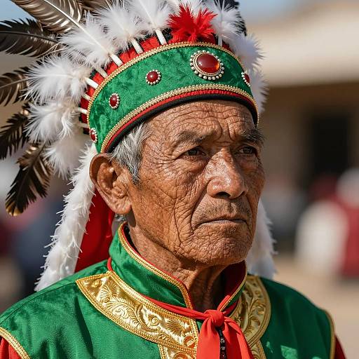 Elderly Man in Traditional Feathered Headdress