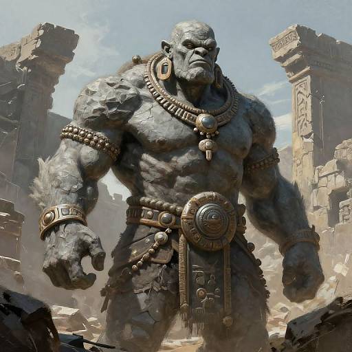 CGI image of a muscular, stone-skinned, orc-like warrior with a fierce expression, wearing tribal armor, standing amidst ancient ruins under a cloudy