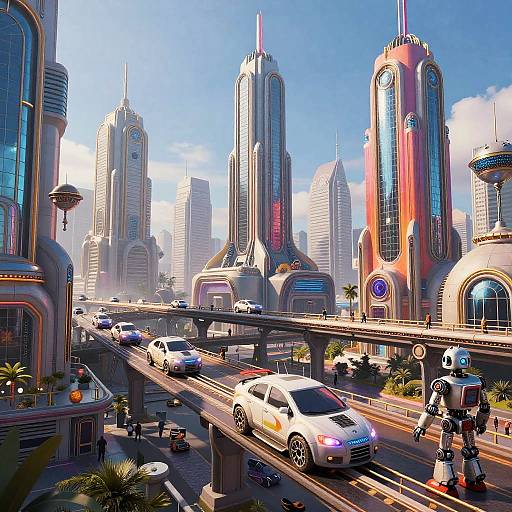 Digital art of a futuristic cityscape with sleek, neon-lit skyscrapers, elevated highway, white cars, robot on roadside, clear blue sky