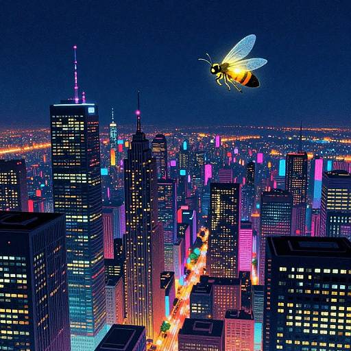 Neon-lit cityscape at night with towering skyscrapers, colorful lights, and a glowing, oversized bee with translucent wings flying above. Digital