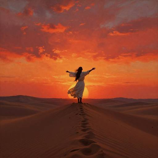 Silhouetted woman in flowing white dress, arms outstretched, walking desert path at sunset, vivid orange and red sky, footprints trailing