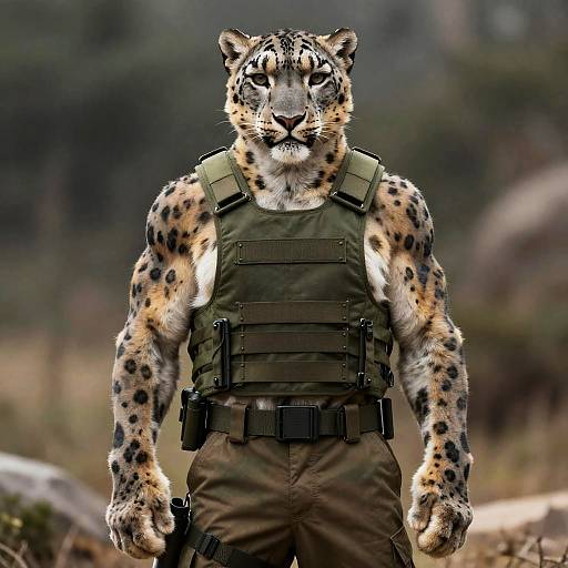 Anthropomorphic Muscular Snow Leopard in Military Gear