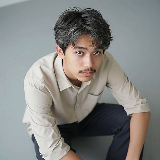 Photograph of a young Indian man with dark hair, mustache, wearing a white button-up shirt and black pants, looking up at the camera against