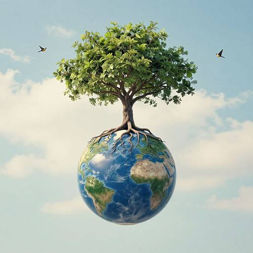 Digital artwork of a tree with roots embedded in a floating Earth, set against a bright blue sky with two birds.