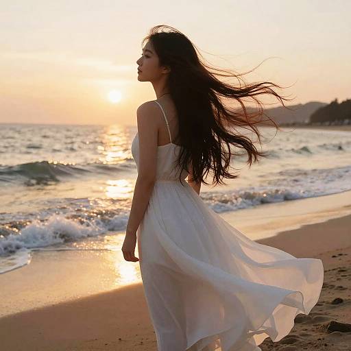 Photograph of an Asian woman with long black hair, wearing a flowing white dress, standing on a beach at sunset, with the sun reflecting on the