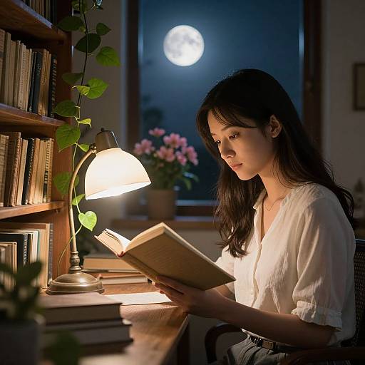 Photograph of a young Asian woman with long black hair, wearing a white blouse, reading under a glowing desk lamp in a moonlit room, surrounded