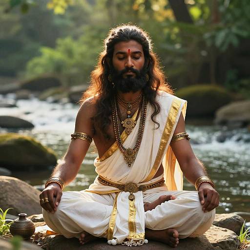 Photograph of a bearded Indian deity with long dark hair, wearing a white dhoti with gold accents, meditating by a river in a