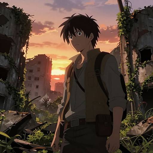 Anime-style drawing of a young man with spiky black hair, wearing a vest and backpack, standing in a ruined, overgrown building at sunset.