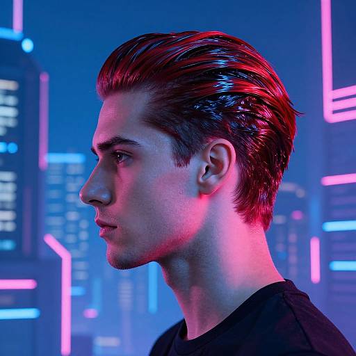 Neon-lit portrait of a young man with slicked-back brown hair, illuminated by red and blue lights, wearing a black shirt, in a
