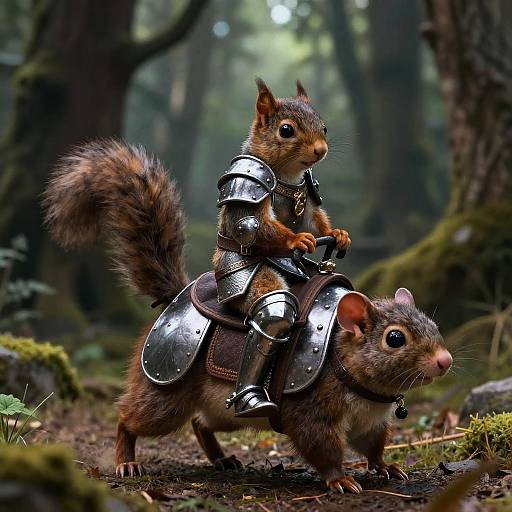 Photorealistic CGI of a small squirrel in shiny medieval armor riding a larger armored rat in a lush, misty forest.