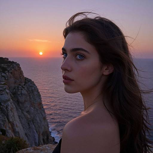 Photograph of a young woman with long brown hair, fair skin, and blue eyes, looking over her shoulder at a sunset over the ocean, with