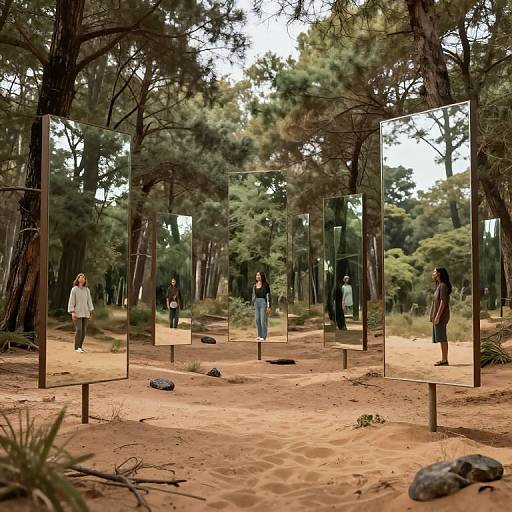 Photograph of three people standing in a forest, surrounded by tall glass mirrors reflecting their images, on a sandy path.