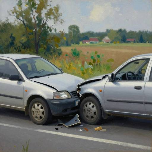 Photograph of two silver cars colliding head-on on a rural road, with one car's front end severely crumpled and debris scattered. Background