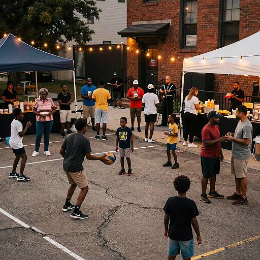 Photograph of a diverse outdoor community event: children playing basketball, adults socializing, string lights, two tents, brick building background.