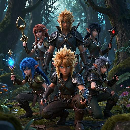 Digital fantasy artwork of five elf warriors with spiky hair, wielding glowing weapons in a mystical forest, wearing dark armor and leather.