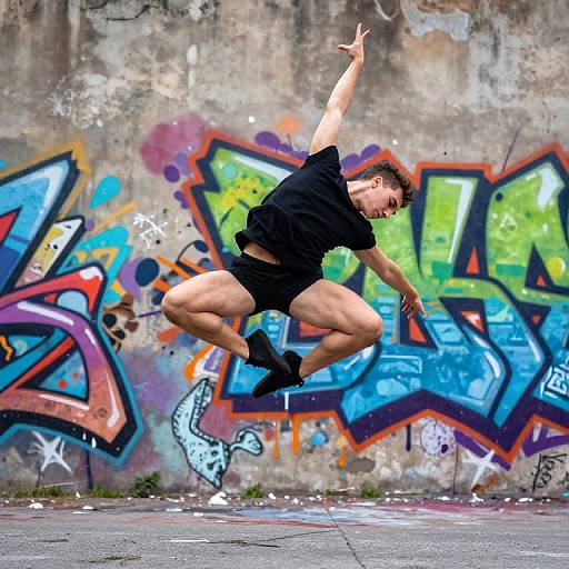 Photograph of a muscular man with short brown hair, wearing a black t-shirt and shorts, mid-air jump, against colorful graffiti-laden concrete wall