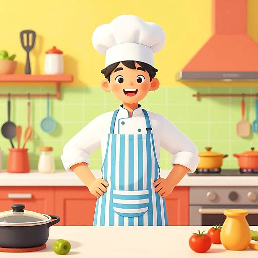Cartoon-style image of a cheerful male chef with black hair, wearing a white hat and blue-striped apron, standing in a colorful kitchen with various