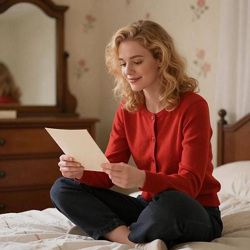 Blonde Woman Reading in Vintage Bedroom