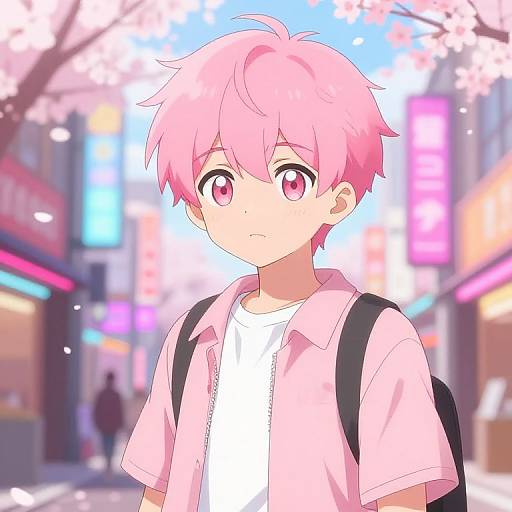 Anime-style digital drawing of a pink-haired boy with large pink eyes, wearing a pink shirt and white t-shirt, standing in a vibrant, neon-l
