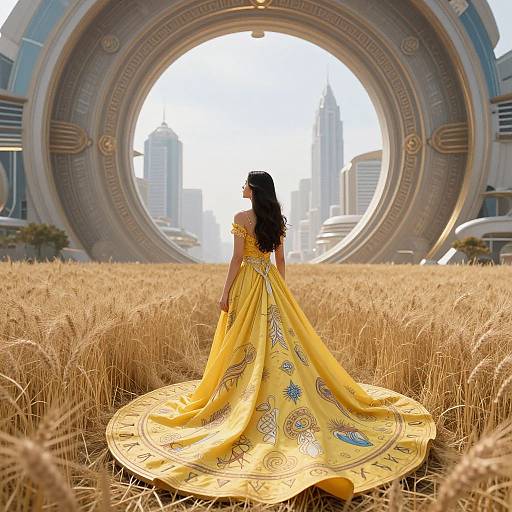 Photograph of a woman with long black hair in a yellow, embroidered gown, standing in a golden wheat field, facing a futuristic, circular architectural structure