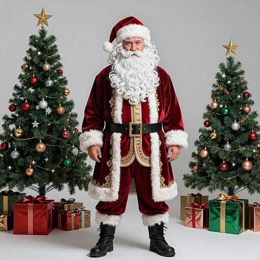 Photograph of Santa Claus in a red velvet suit with white fur trim, standing between two decorated Christmas trees and wrapped gifts.