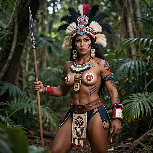 Muscular Aztec Warrior Woman in Jungle