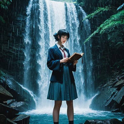 Young Woman Reading by Waterfall in Rain