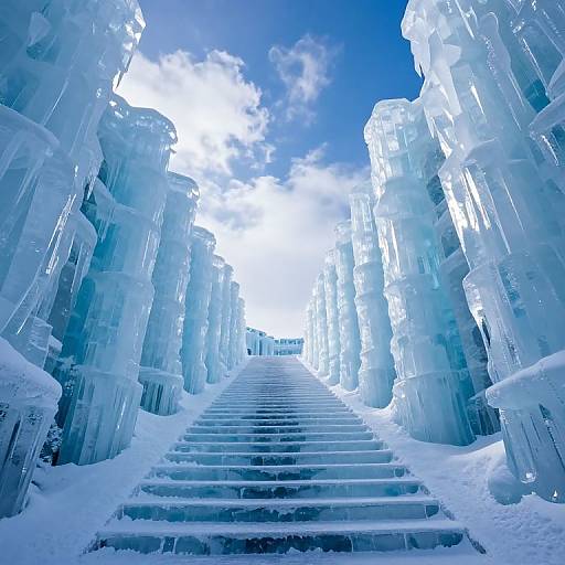 Photograph of a narrow icy staircase flanked by towering, translucent ice formations under a bright blue sky with scattered white clouds.
