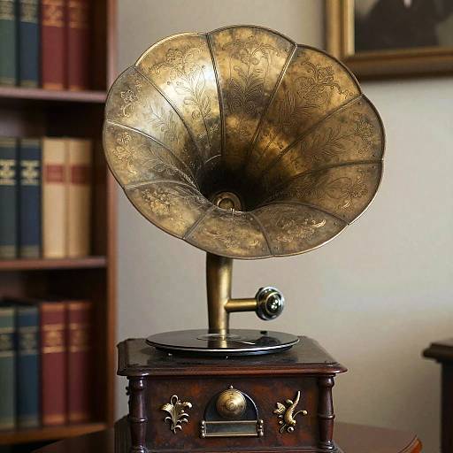 Vintage brass gramophone with intricate floral patterns, placed on a dark wooden cabinet with ornate handles, in a library setting.